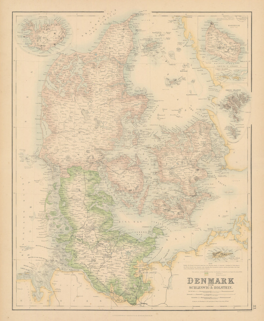 Denmark with Schleswig & Holstein. US Virgin Islands St Croix Iceland c1863 map