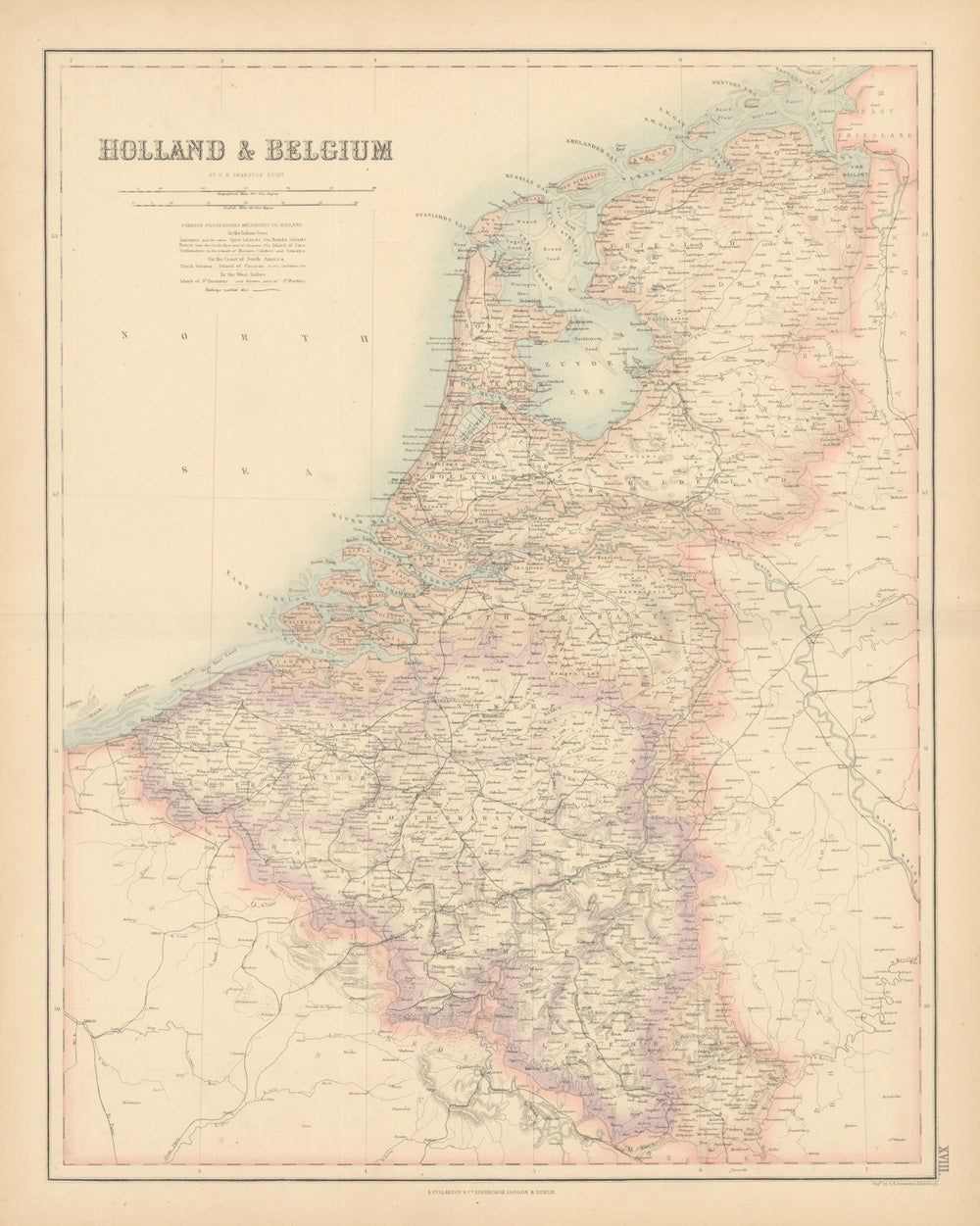 Holland and Belgium. Luxembourg. Benelux. FULLARTON c1863 old antique map