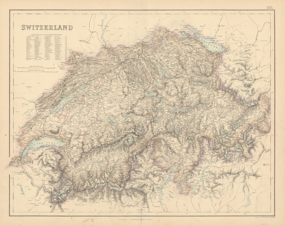 Switzerland with table of highest alpine peaks & passes. FULLARTON c1863 map
