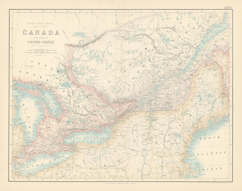 Canada with part of United States. Ontario & Quebec. FULLARTON c1863 old map