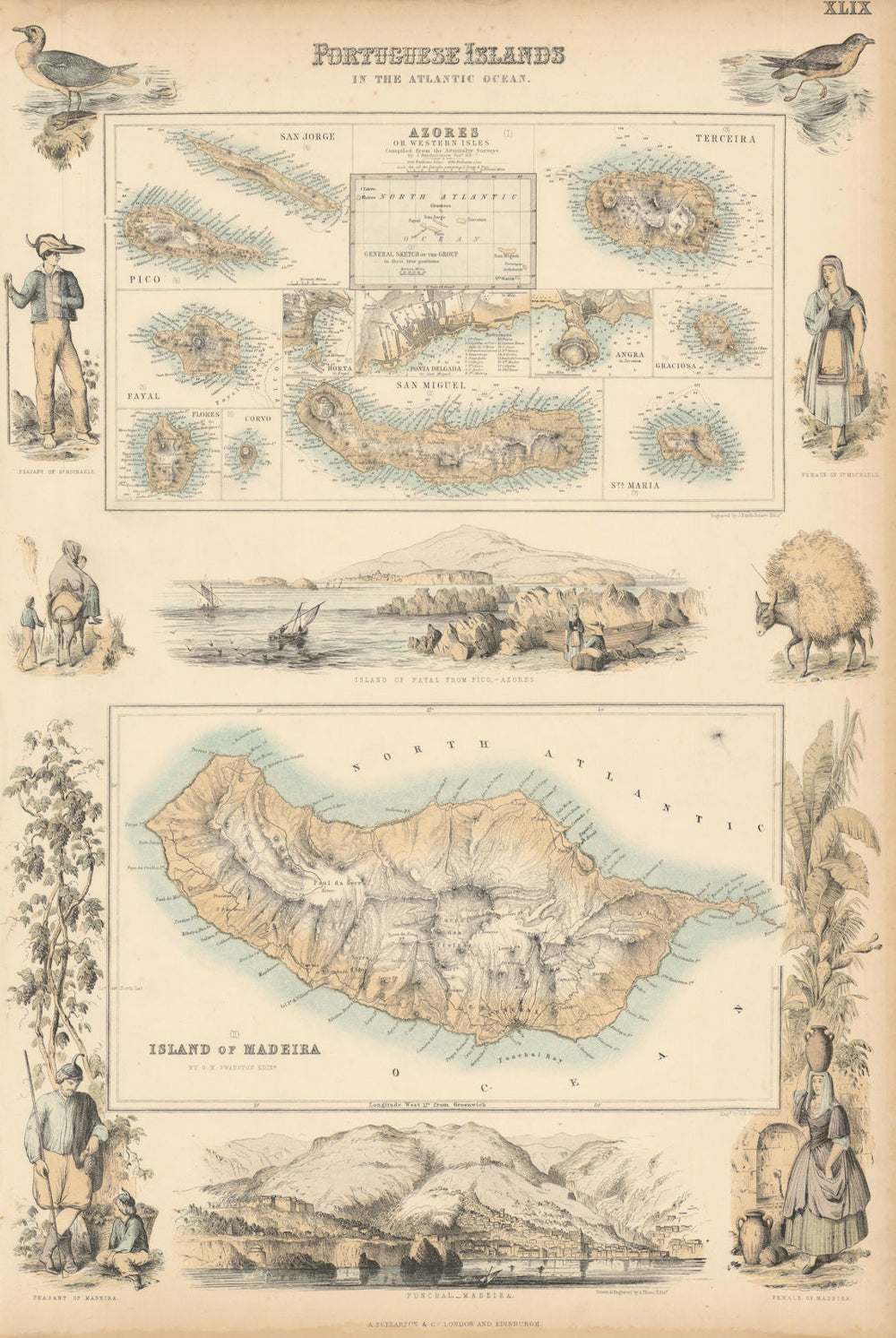 Portuguese Atlantic Islands. Azores & Madeira. FULLARTON c1863 old antique map