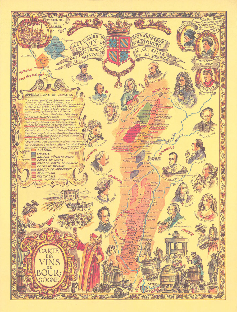 Carte des vins de Bourgogne. Burgundy wine region illustrated map c1972