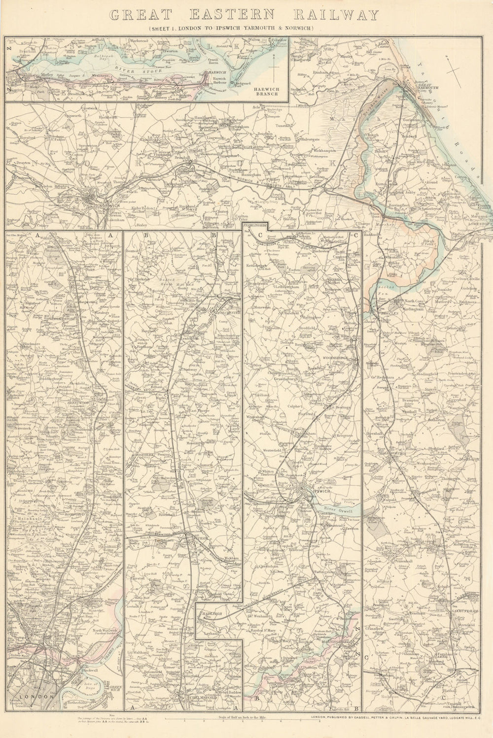GREAT EASTERN RAILWAY 1.London to Ipswich Yarmouth & Norwich.WELLER 1864 map