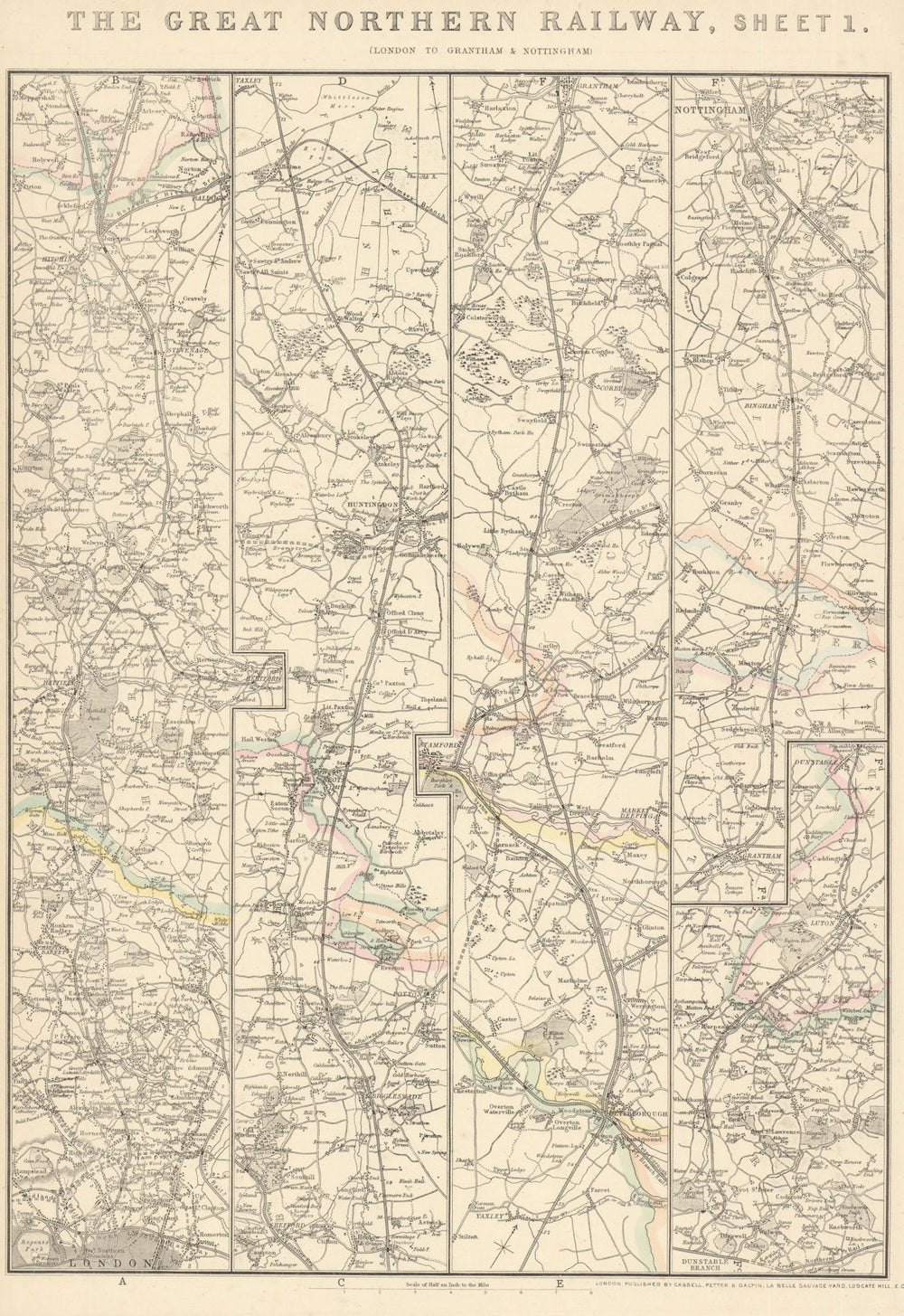 GREAT NORTHERN RAILWAY 1. London to Grantham & Nottingham. WELLER 1864 old map