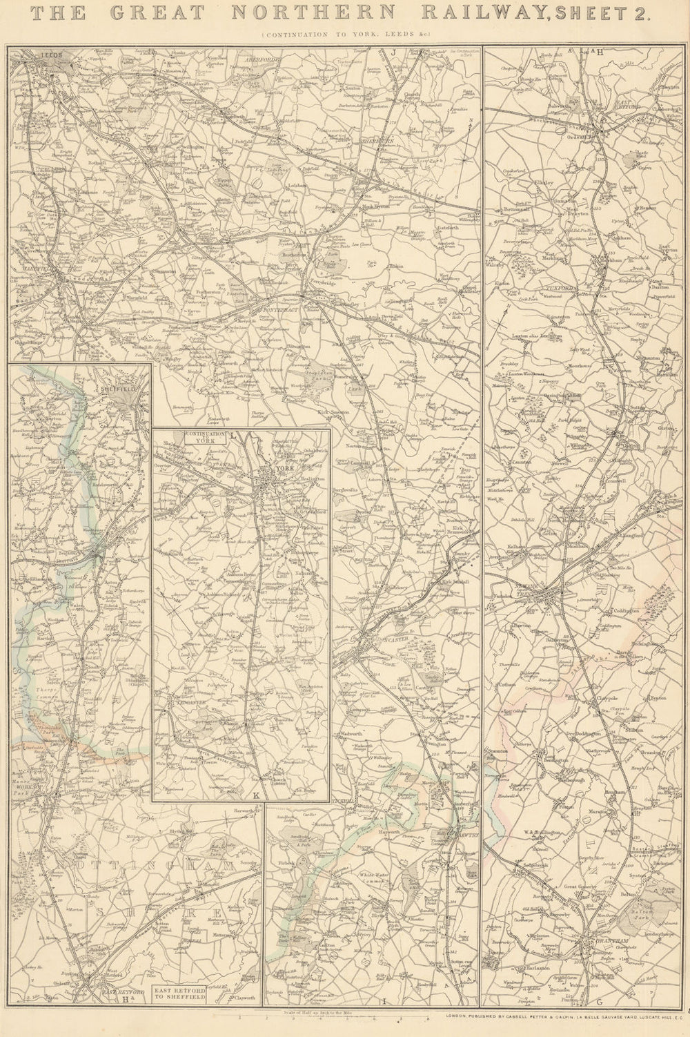 GREAT NORTHERN RAILWAY 2. Grantham to York, Leeds & Sheffield. WELLER 1864 map