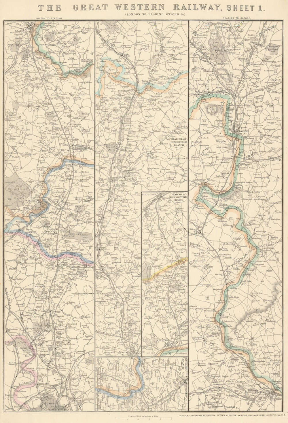 GREAT WESTERN RAILWAY 1. London to Windsor, Reading & Oxford. WELLER 1864 map