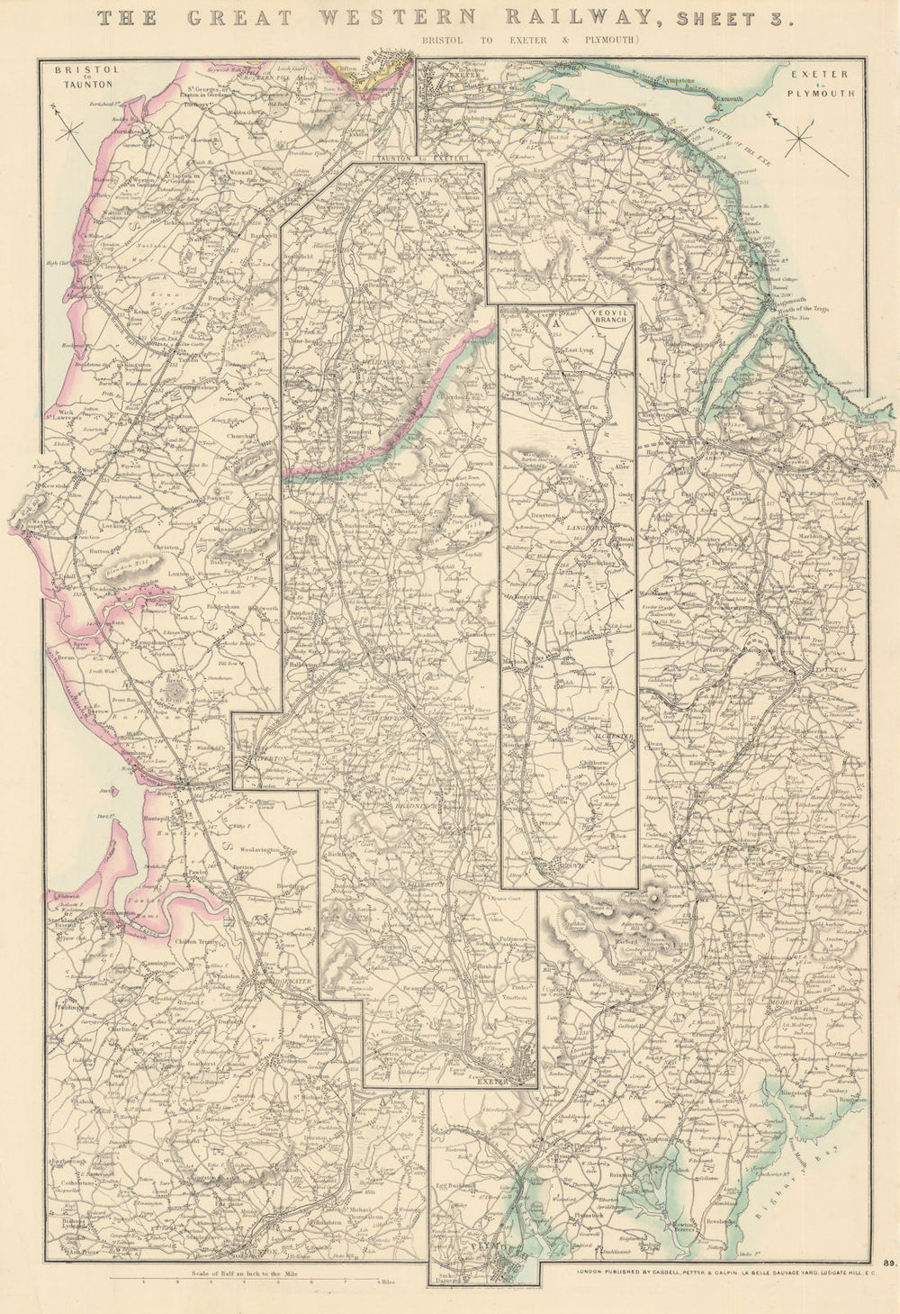 GREAT WESTERN RAILWAY 3. Bristol to Exeter, Plymouth & Yeovil. WELLER 1864 map