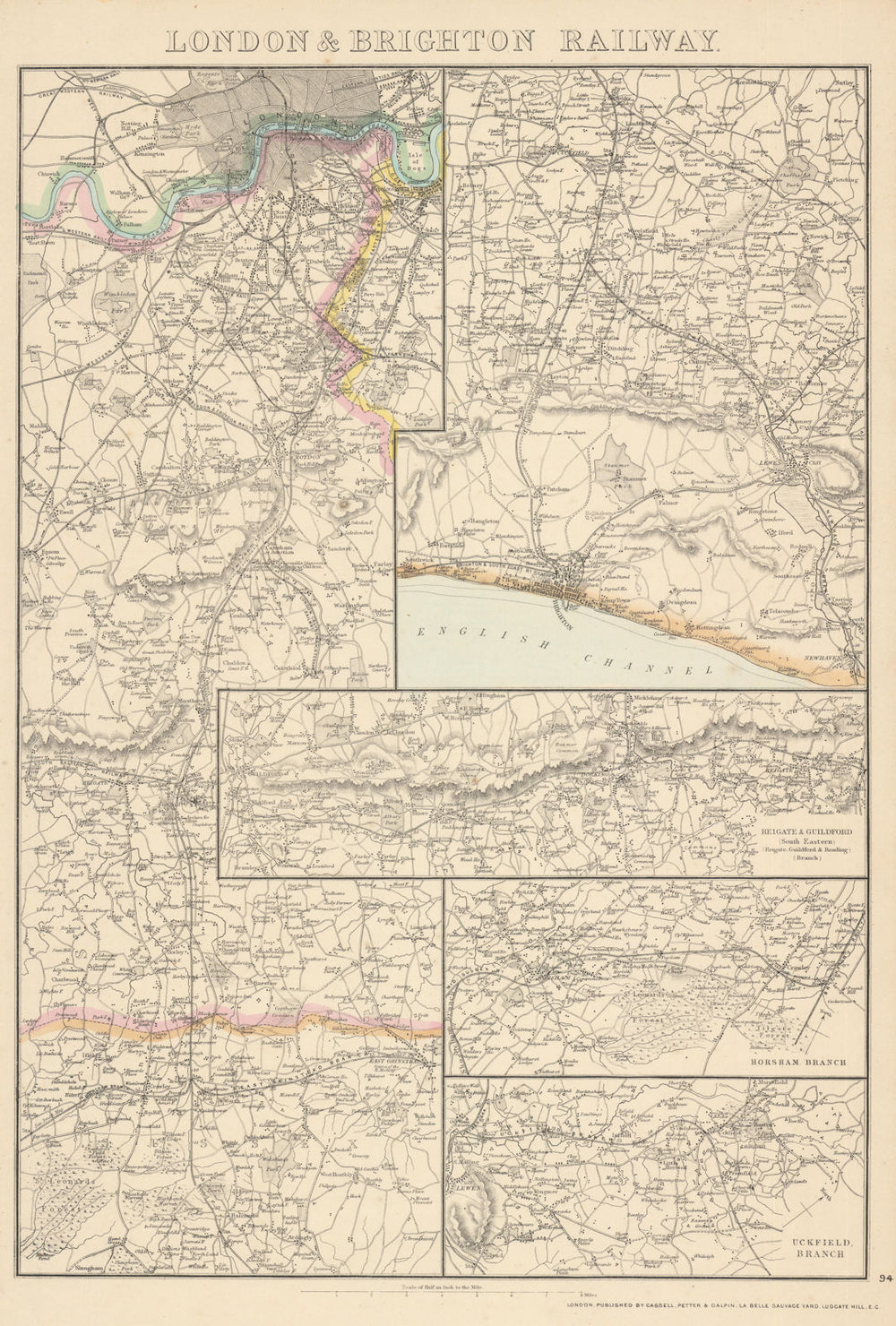 LONDON & BRIGHTON RAILWAY. Reigate Guildford Horsham Uckfield. WELLER 1864 map