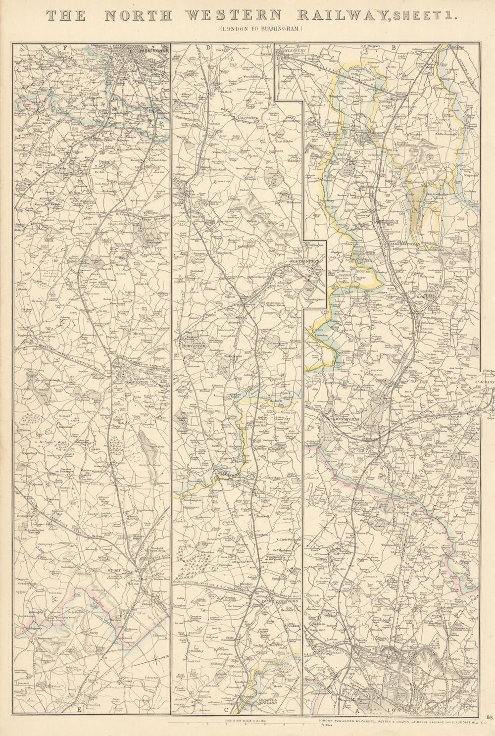 NORTH WESTERN RAILWAY 1. London to Rugby, Coventry & Birmingham.WELLER 1864 map