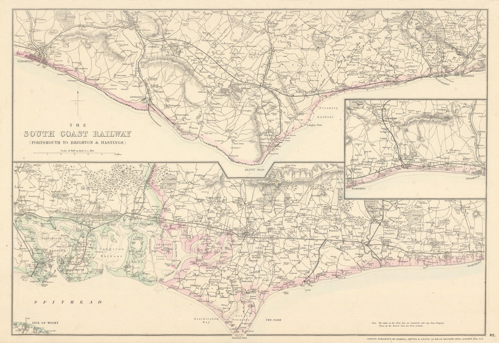 THE SOUTH COAST RAILWAY. Portsmouth to Brighton & Hastings. WELLER 1864 map
