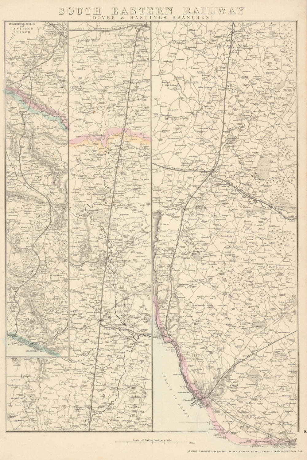 SOUTH EASTERN RAILWAY. Dover & Hastings Branches. Tunbridge. WELLER 1864 map