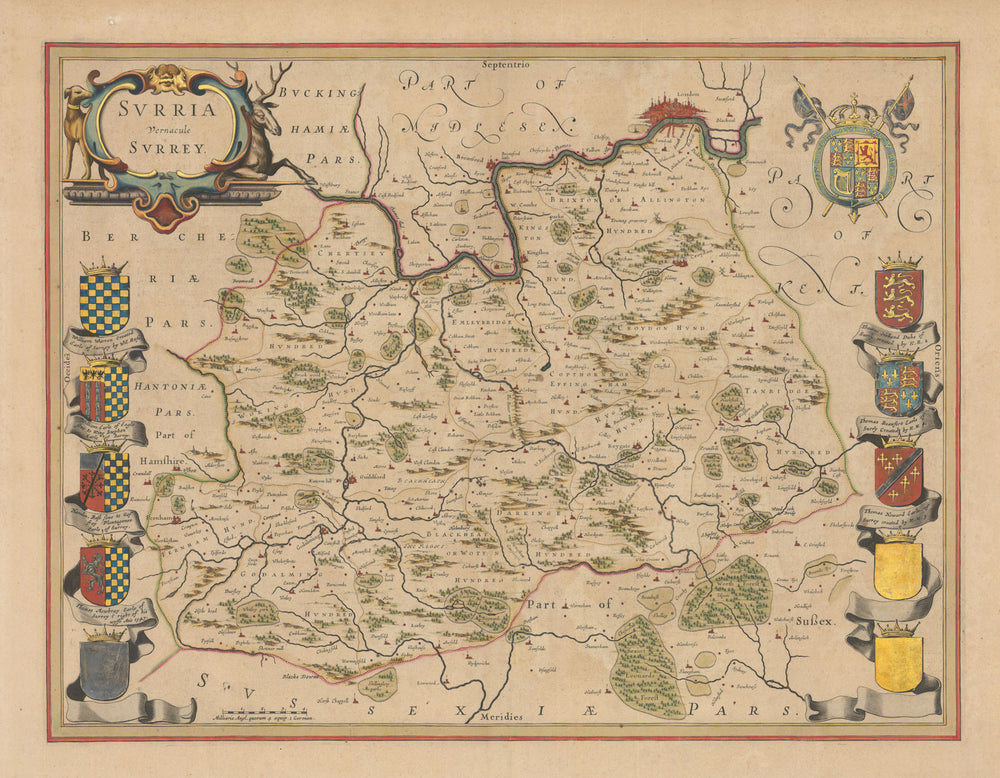Surria Vernacule Surrey. Decorative county map by Blaeu after John Speed 1647