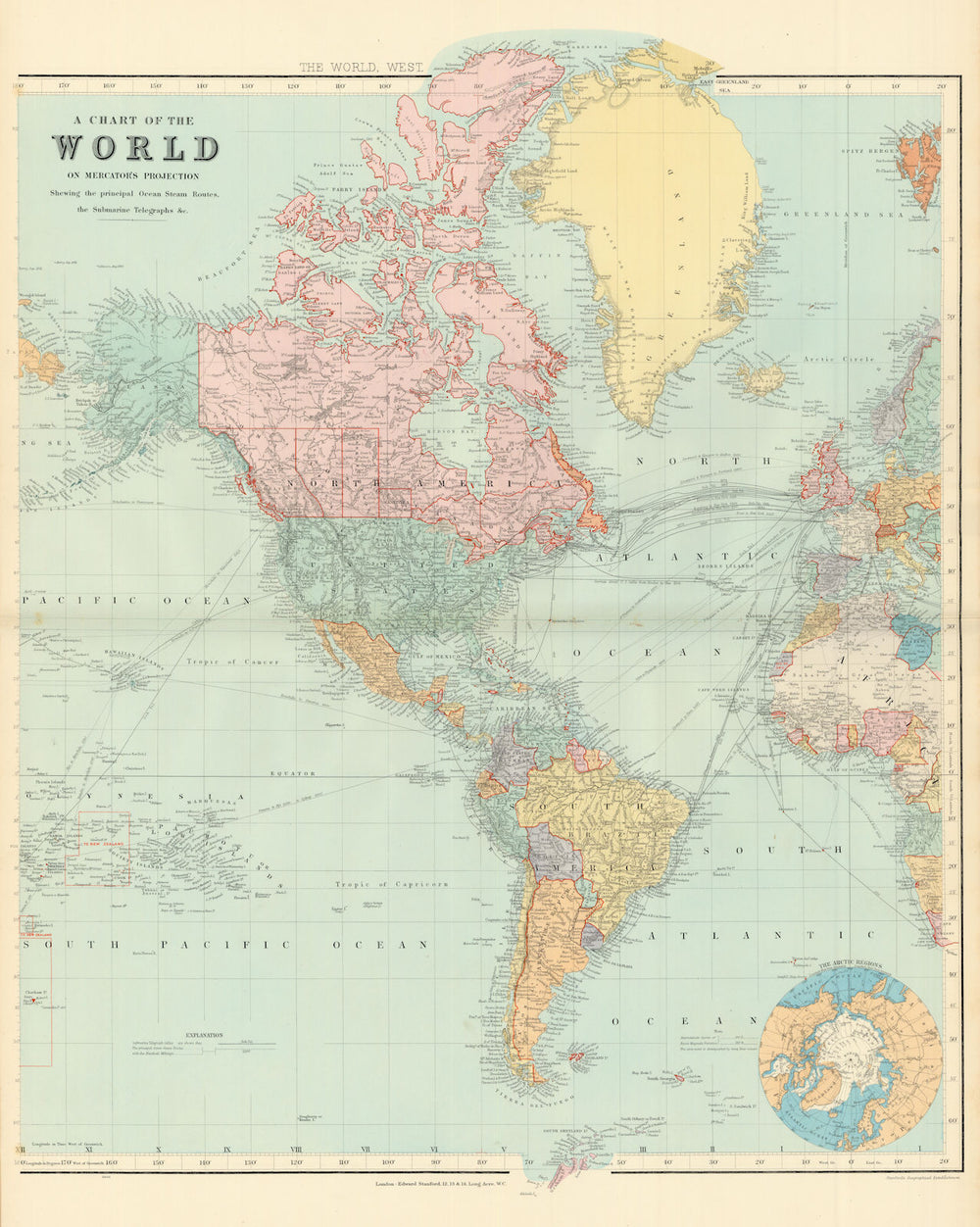 World on Mercator's Projection. West sheet. Americas. 67x55cm. STANFORD 1904 map