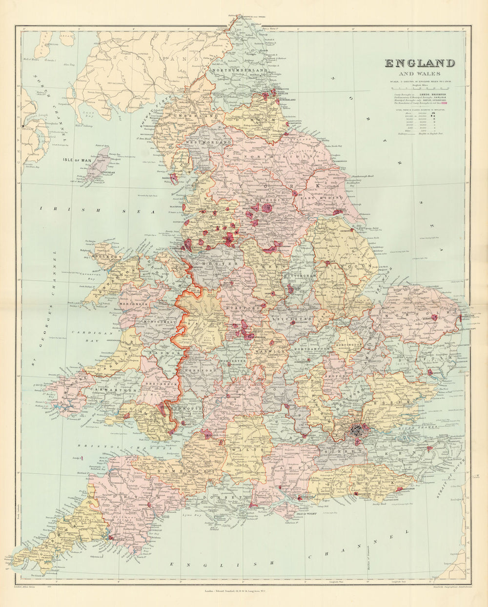 England and Wales in counties. Railways. Large 68x55cm. STANFORD 1904 old map