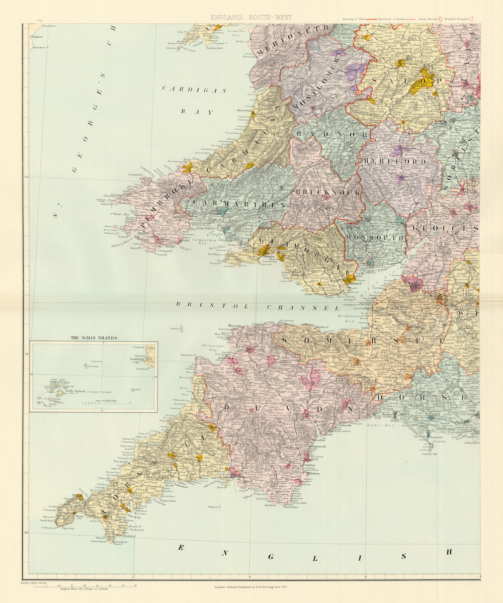 South Wales & S. West England. Devon Cornwall Somerset 62x51cm STANFORD 1904 map