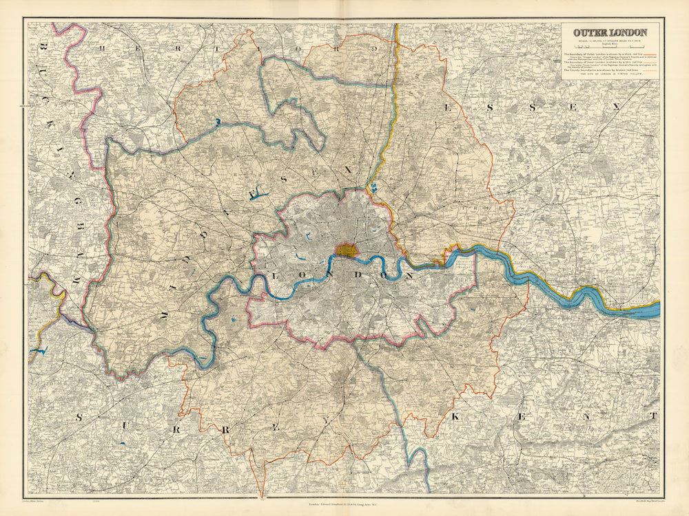 Outer [Greater] London. Metropolitan Police Area. 54x72cm. STANFORD 1904 map