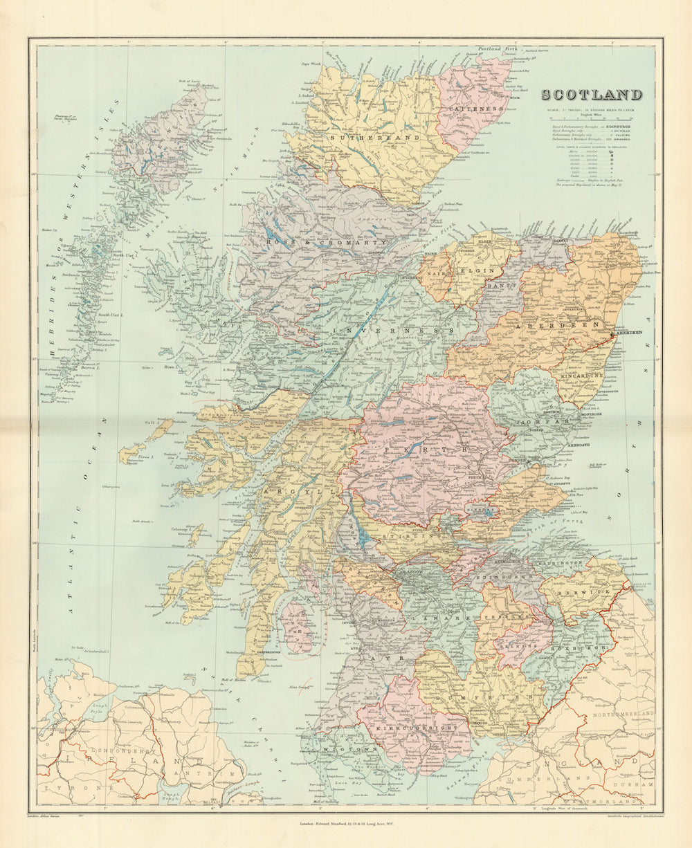Scotland. Counties & railways. Large 66x54cm. STANFORD 1904 old antique map