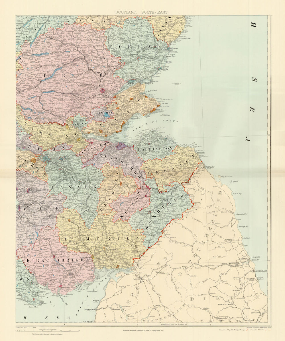 Scotland S.E. Borders Central Firth of Forth Perth. 61x50cm. STANFORD 1904 map