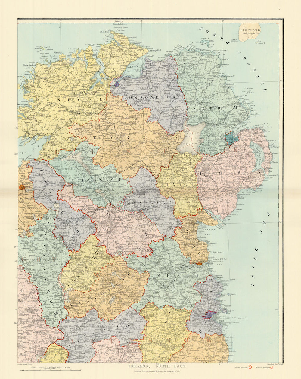 Ireland north-east Ulster Down Antrim Armagh Londonderry &c. STANFORD 1904 map