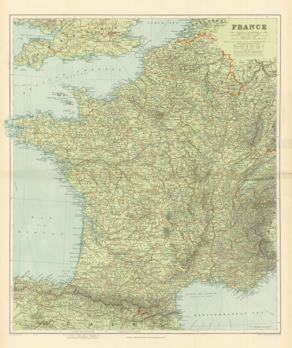 France in departements without Alsace Lorraine. Large 65x54cm. STANFORD 1904 map