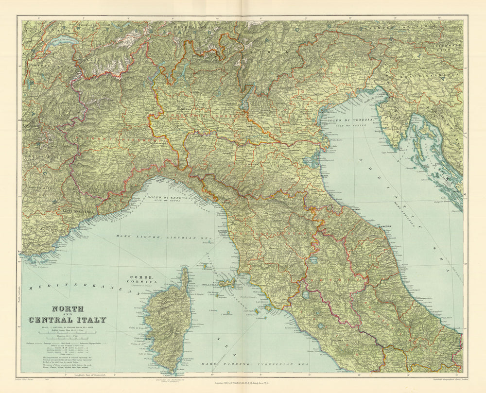 North Italy. w/o Trieste Tyrol. Lombardy Piedmont Veneto &c. STANFORD 1904 map