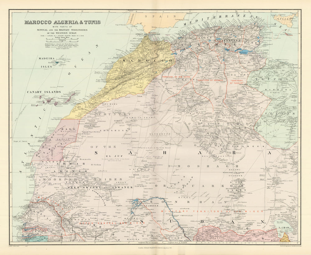Northwest Africa. Morocco Sahara Rio do Oro Ain Sefra Gardaia. STANFORD 1904 map
