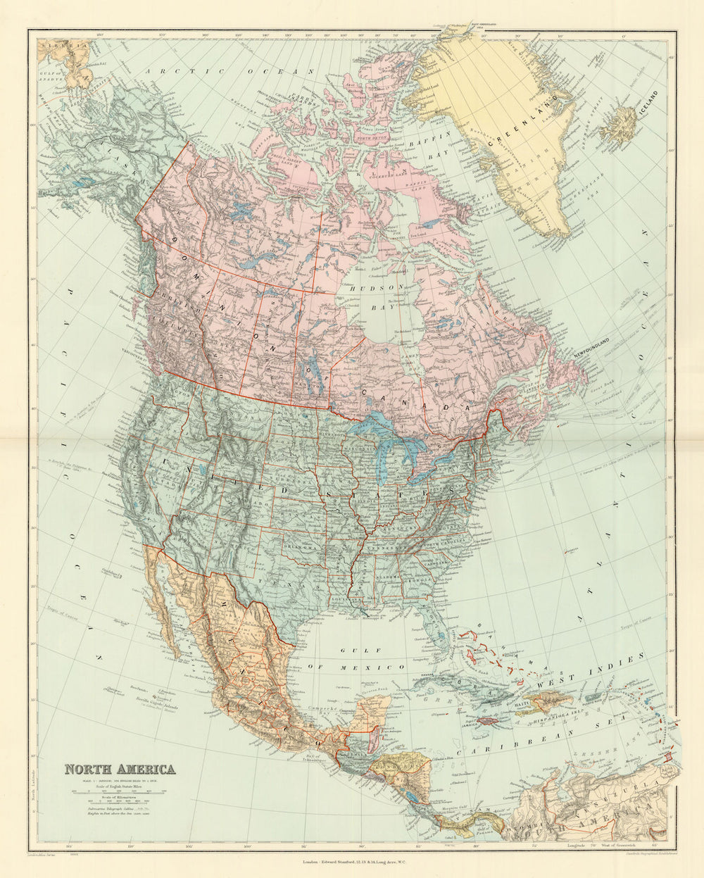 North America Manitoba postage stamp USA Canada. STANFORD 1904 old antique map