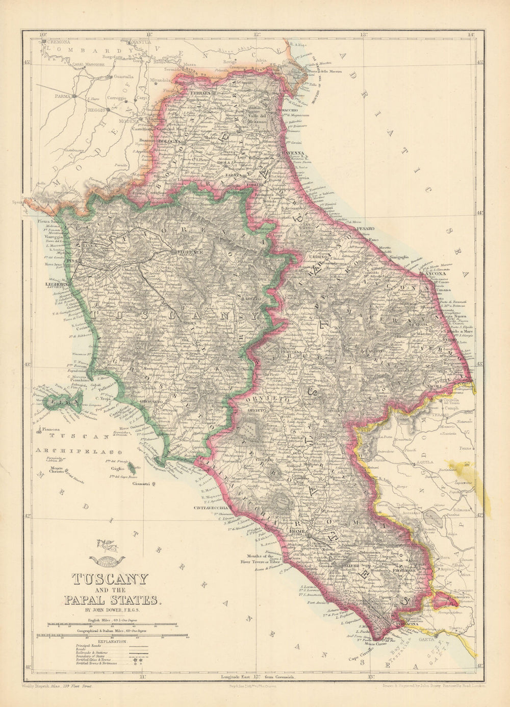 'Tuscany and the Papal States'. Italy. Shows early railways. DOWER 1863 map