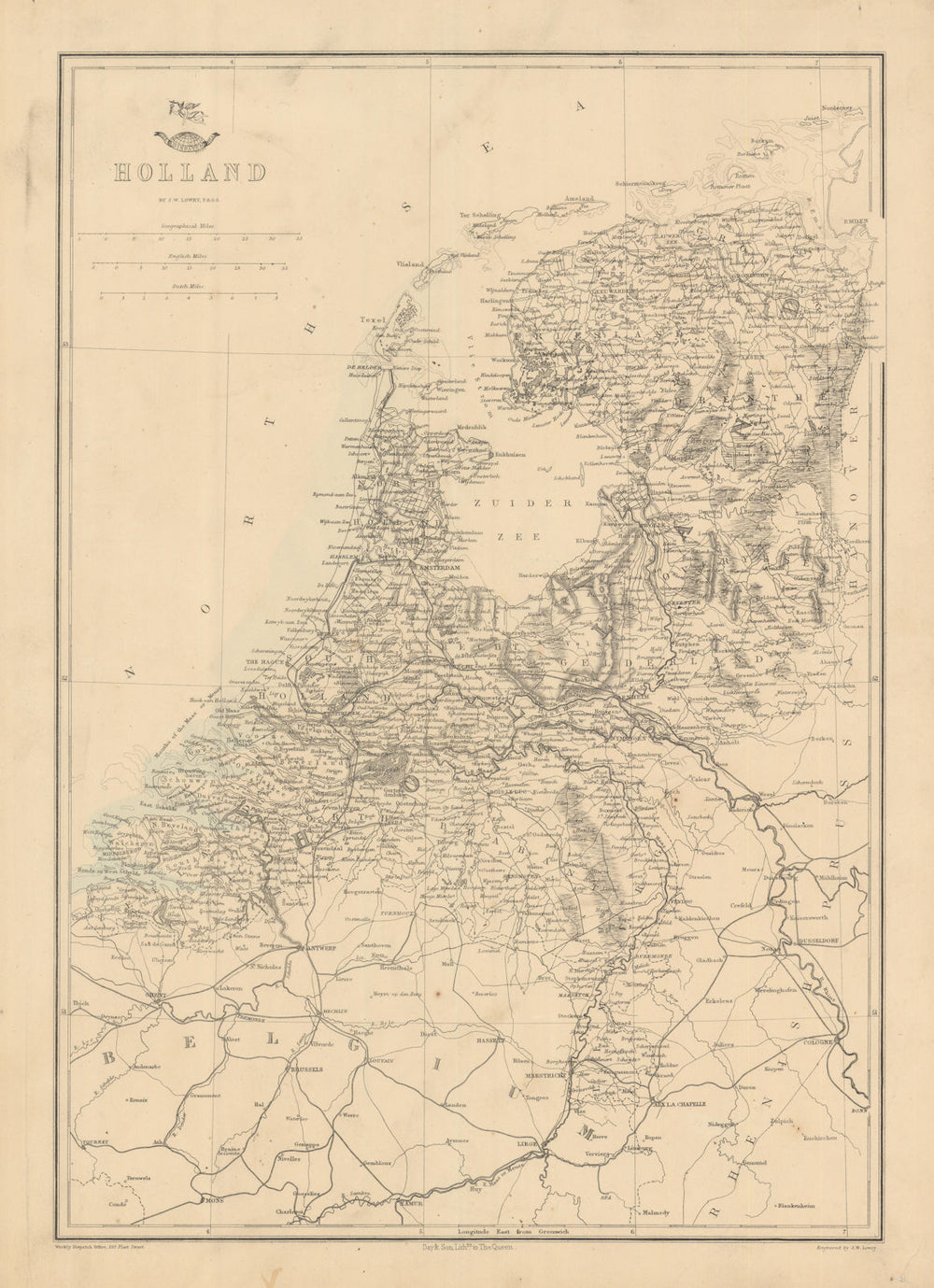 'Holland'. Netherlands in provinces. JW LOWRY for the Dispatch atlas 1863 map