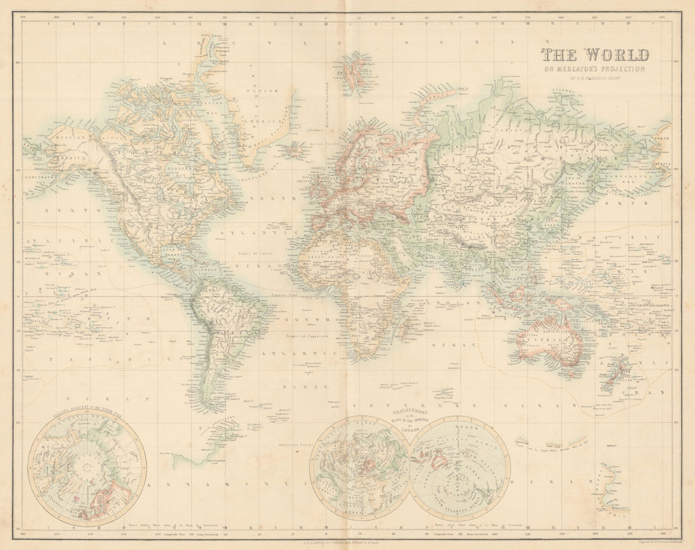 The World on Mercator's Projection. FULLARTON c1863 old antique map plan chart