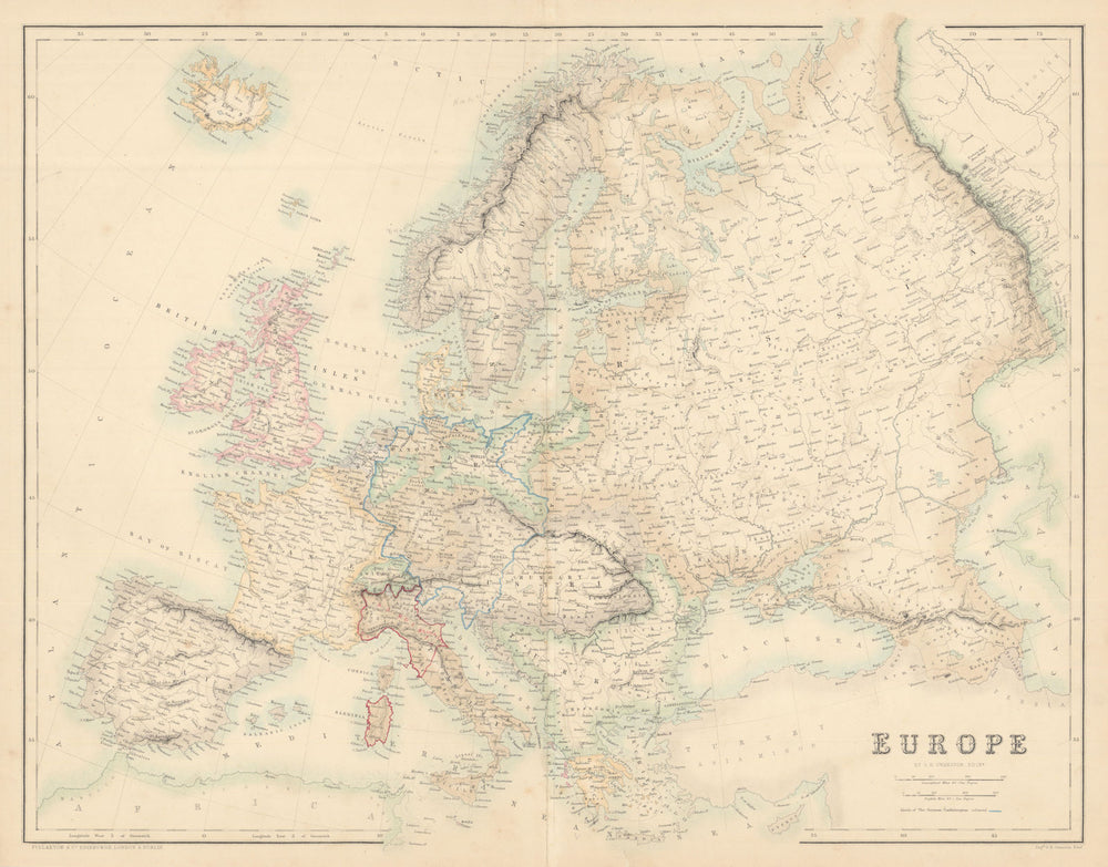Europe showing North German Confedration by G.H. FULLARTON c1863 old map