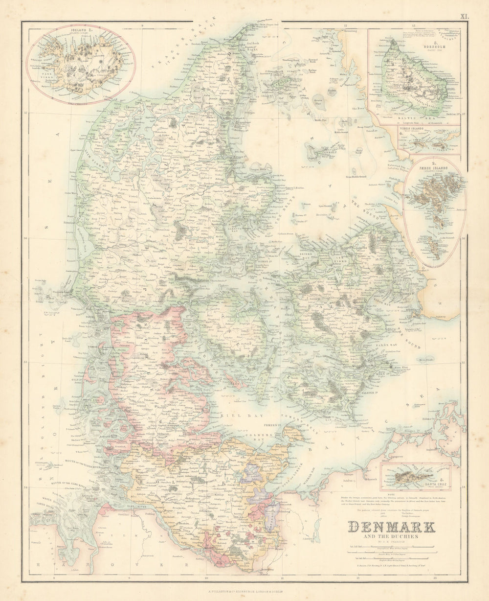 Denmark with Schleswig & Holstein. US Virgin Islands St Croix Iceland c1863 map