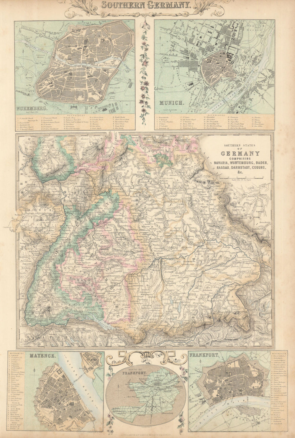 Southern Germany. Bavaria &c. Nuremberg Munich Mainz Frankfurt c1863 old map