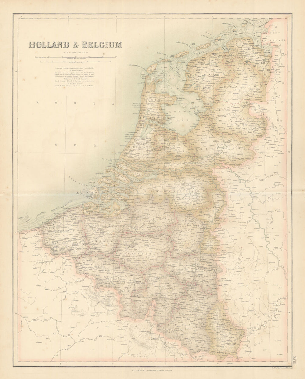 Holland and Belgium. Luxembourg. Benelux. FULLARTON c1863 old antique map