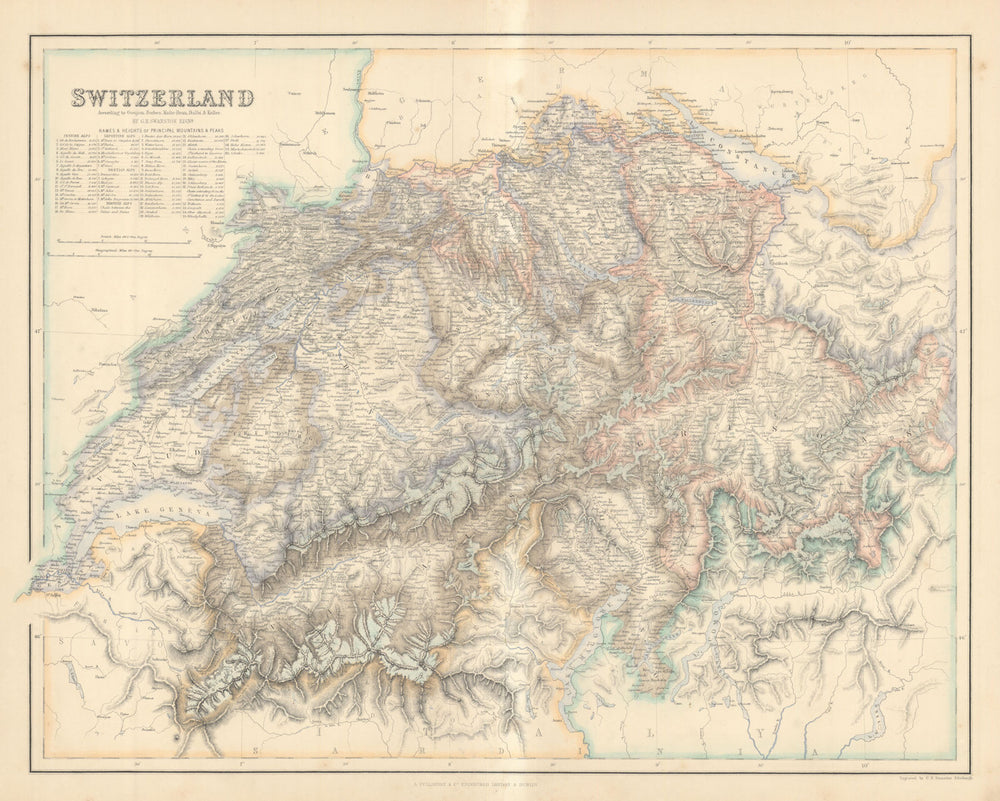 Switzerland with table of highest alpine peaks & passes. FULLARTON c1863 map