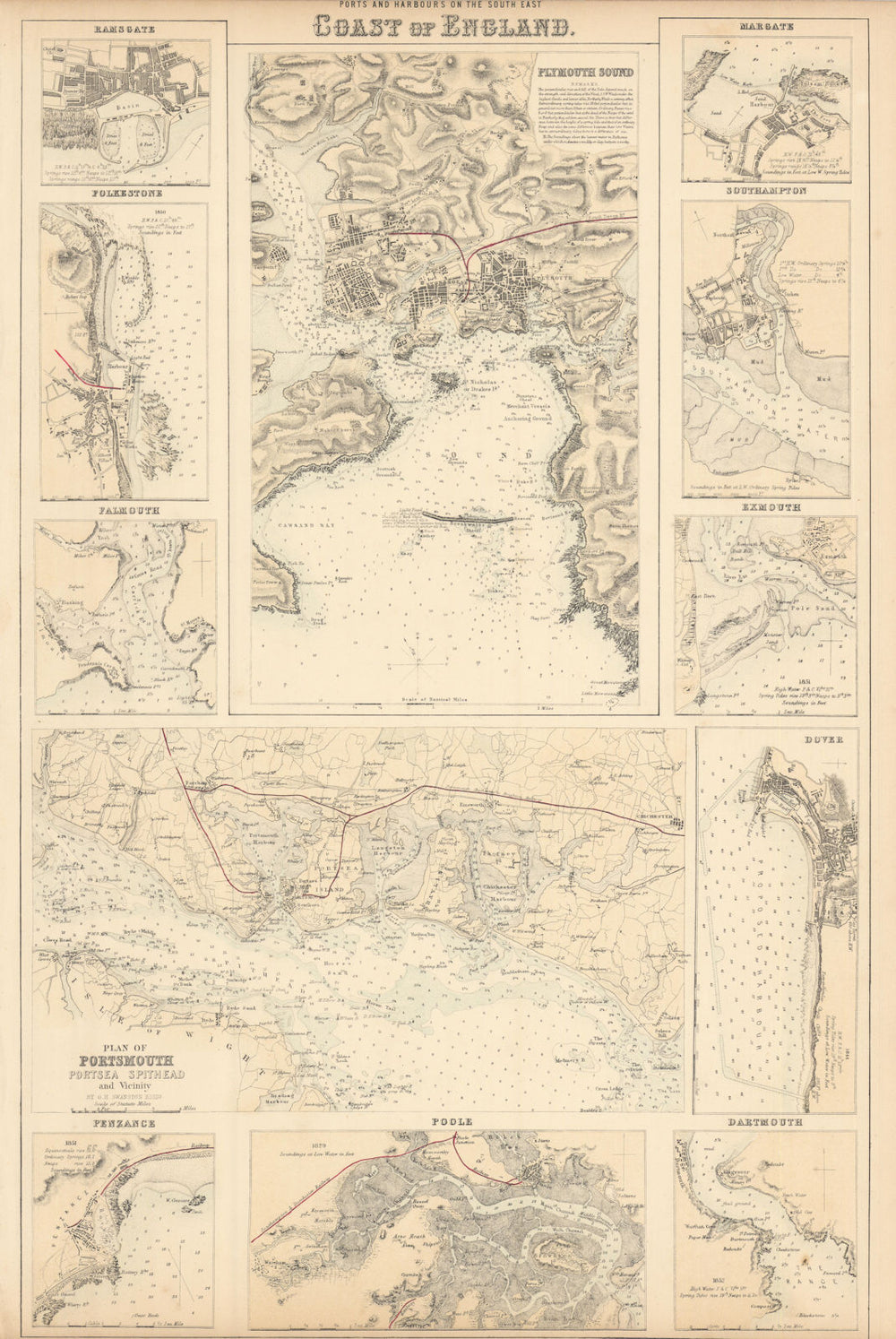 England South Coast Ports. Plymouth Portsmouth Poole Southampton c1863 old map