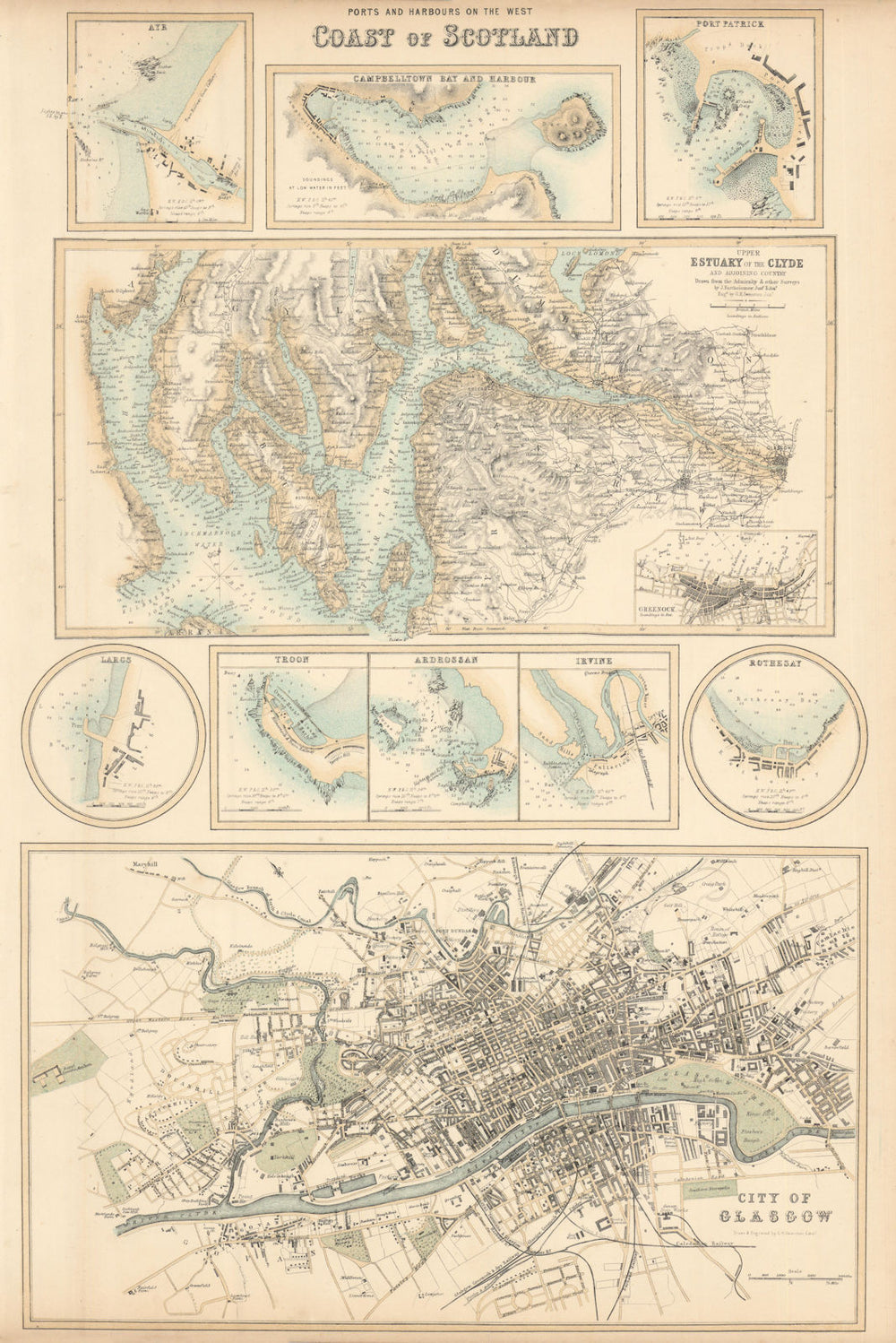 Scotland West Ports. Clyde Glasgow Ayr Campbelltown Largs Troon Irvine c1863 map