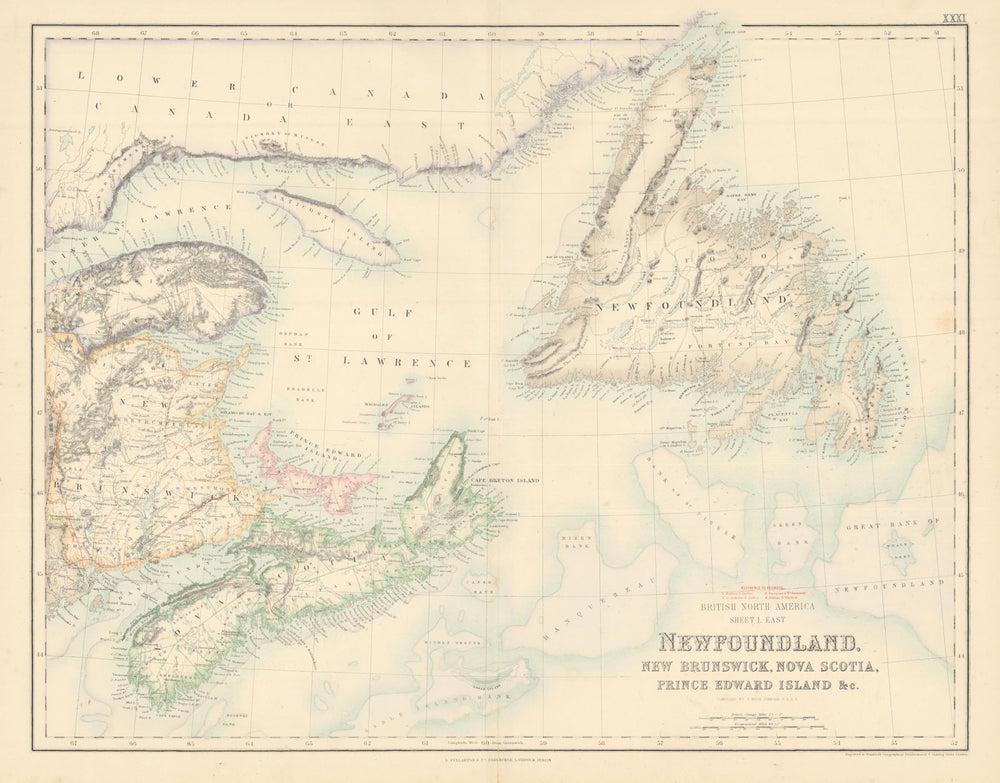 Newfoundland New Brunswick Nova Scotia PEI. Canada Maritimes FULLARTON c1863 map