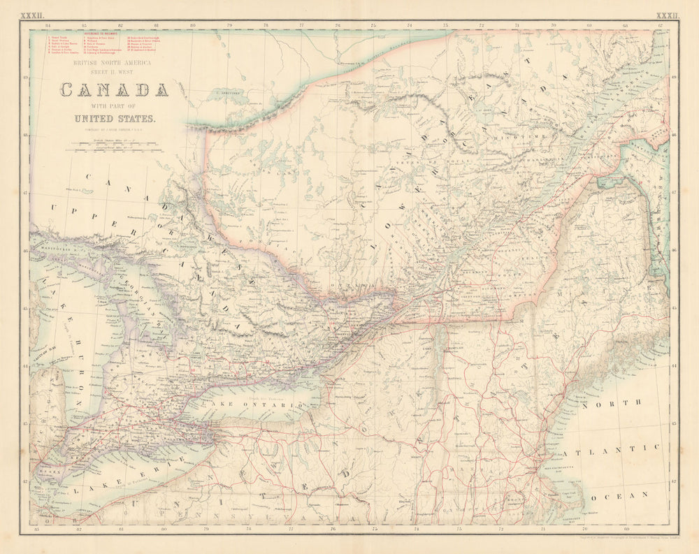 Canada with part of United States. Ontario & Quebec. FULLARTON c1863 old map
