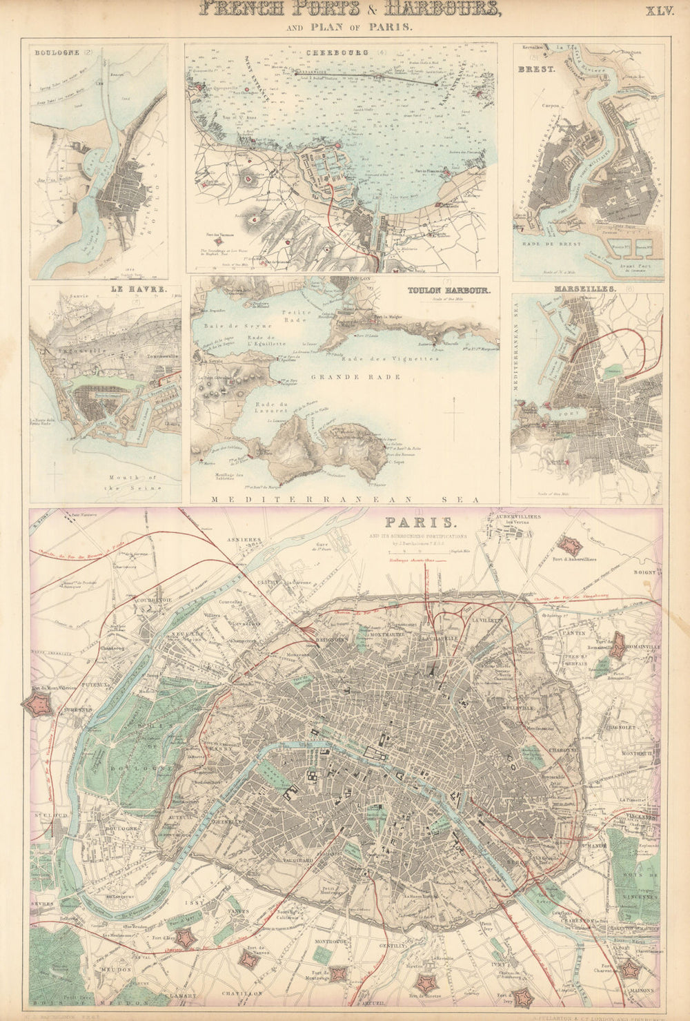 Paris & French Ports. Boulogne Cherbourg Brest Havre Toulon Marseille c1863 map