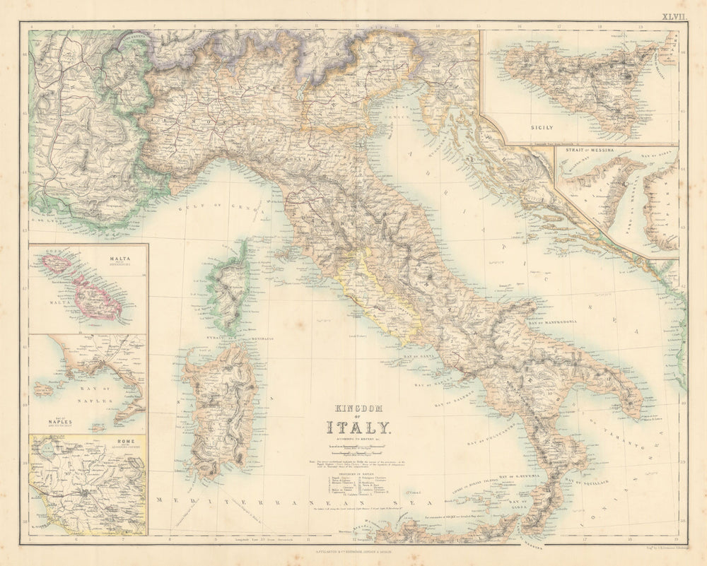 Kingdom of Italy mid-Unification. Naples Rome. FULLARTON c1863 old antique map