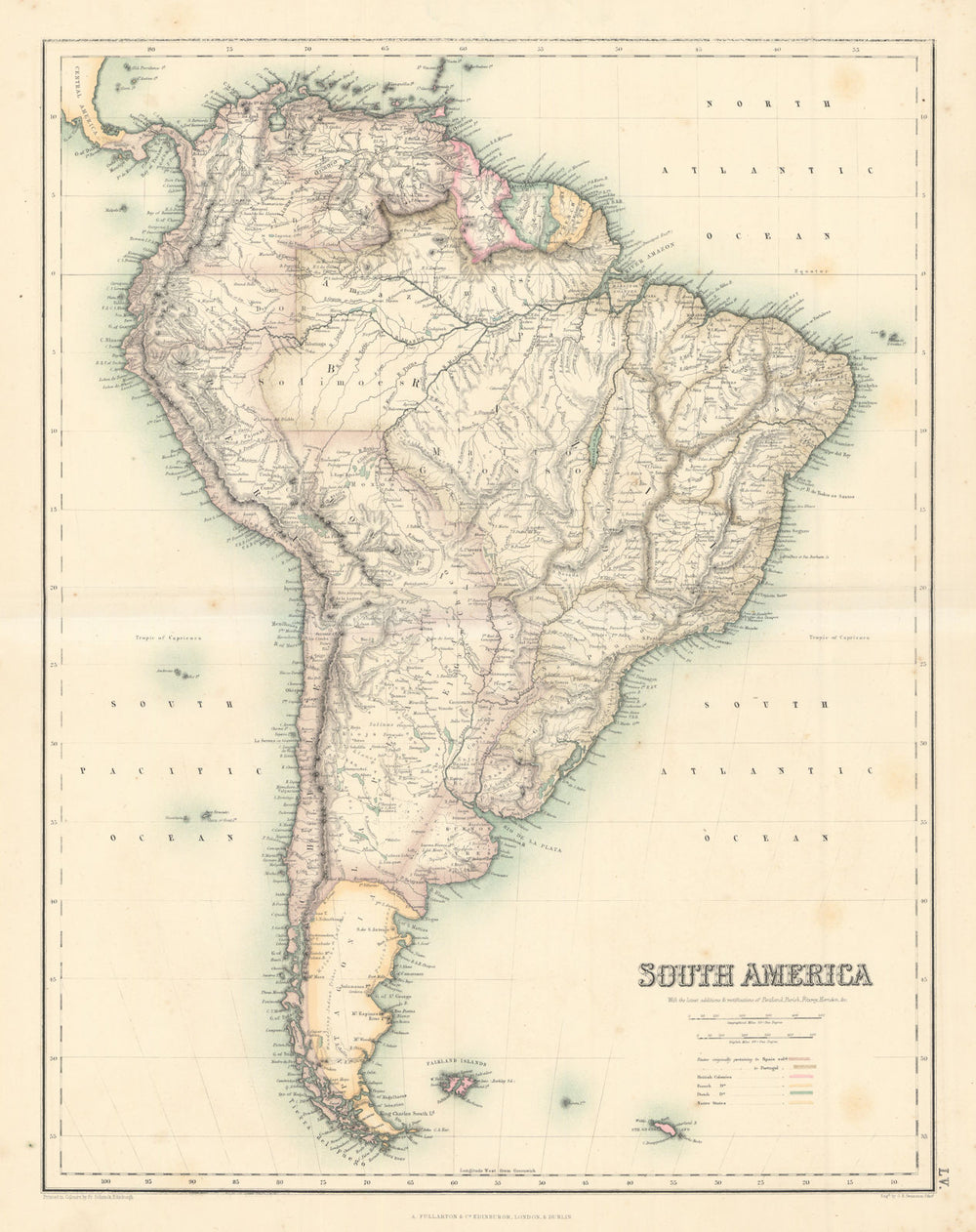 South America by SWANSTON / FULLARTON. Patagonia Guianas c1863 old antique map
