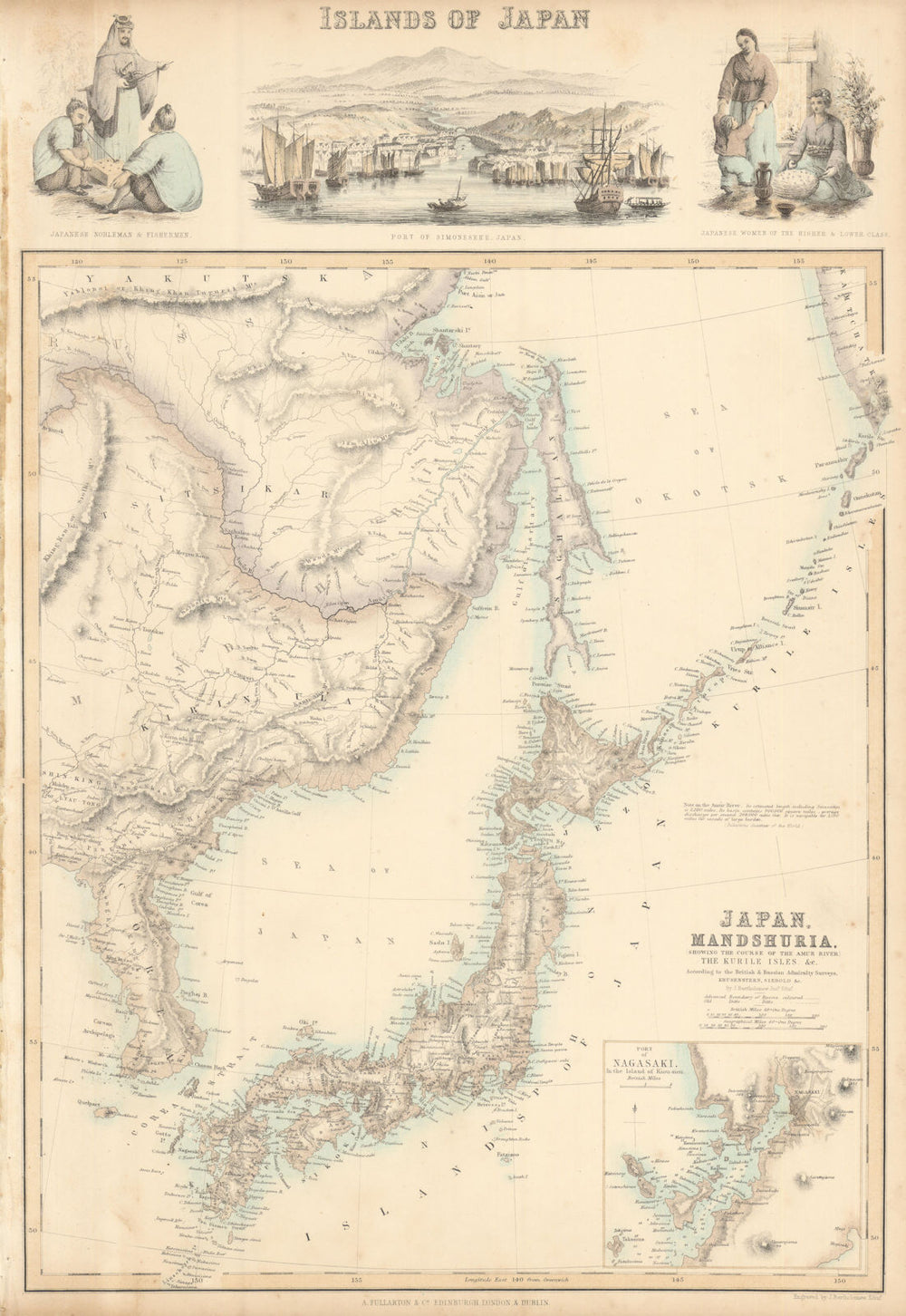 Japan & Mandshuria. Shimonoseki & Nagasaki. Manchuria. FULLARTON c1863 old map