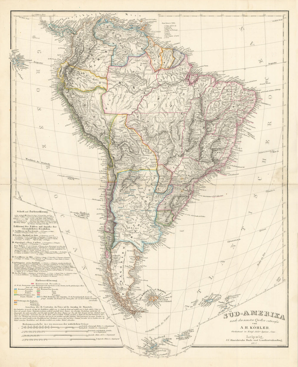 Süd-Amerika. South America. Stein/Köhler 1858 old antique map plan chart
