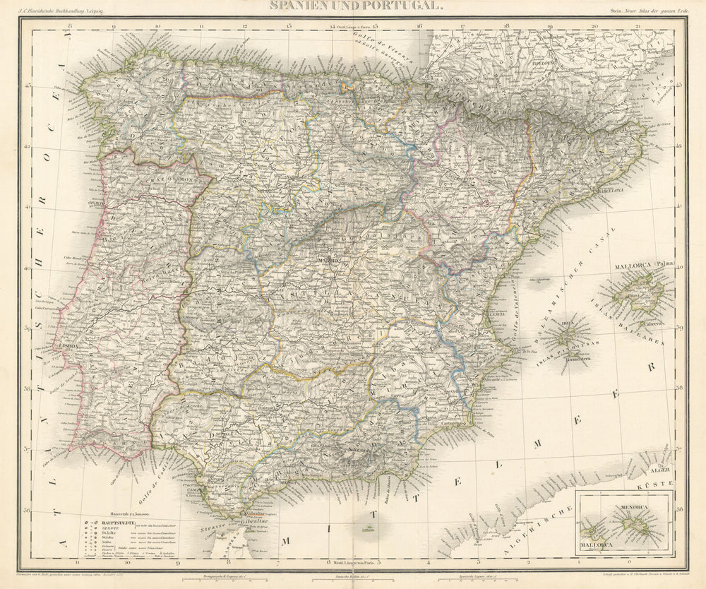 Spanien und Portugal. Spain and Portugal. Iberia. Stein/Heck 1858 old map