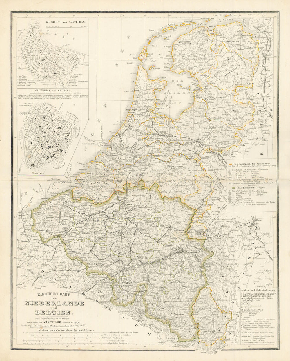 Konigreiche der Niederlande und Belgien. Benelux. Stein/Köhler 1858 old map