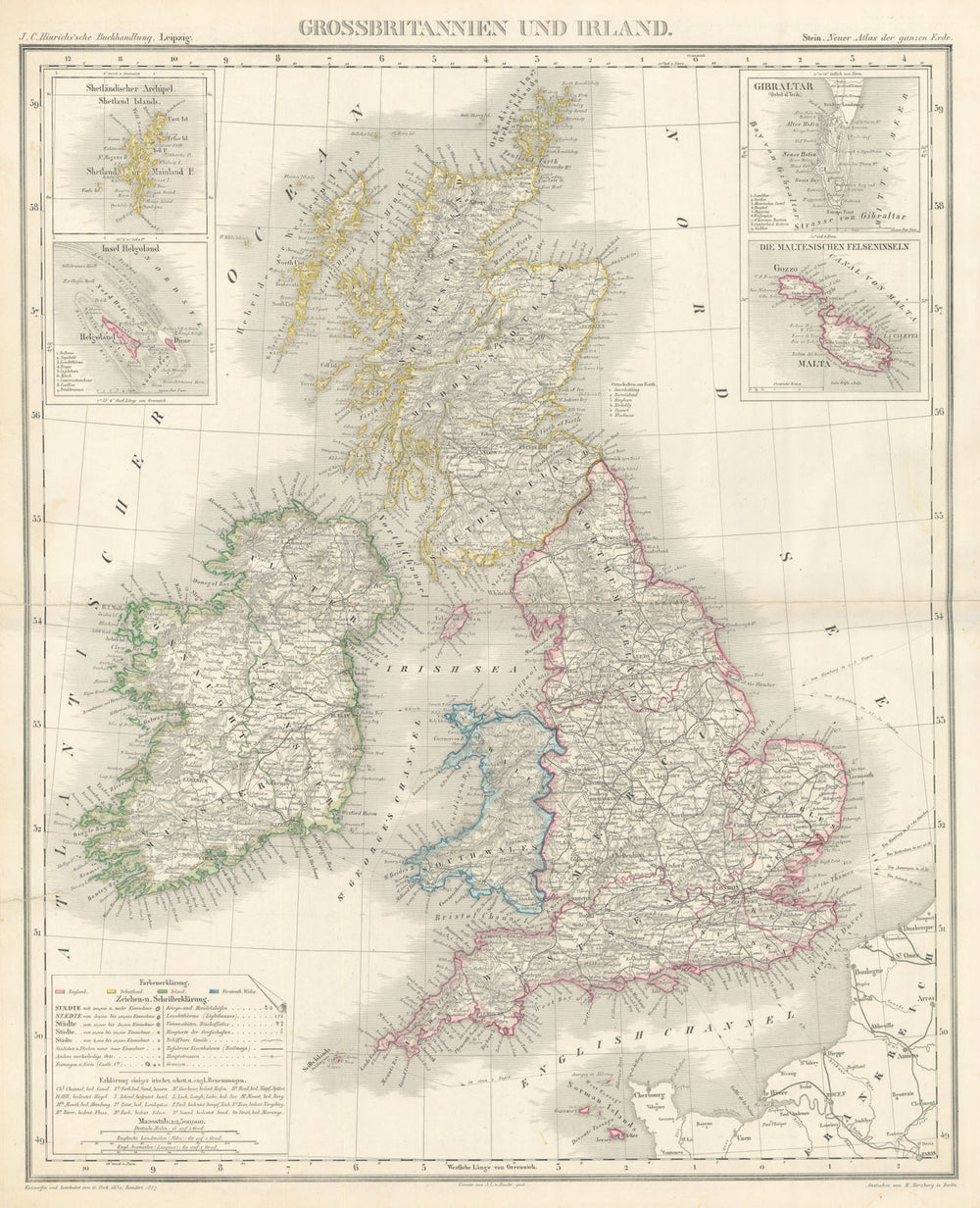 Grossbritannien und Irland. Great Britain and Ireland. Stein/Heck 1858 old map