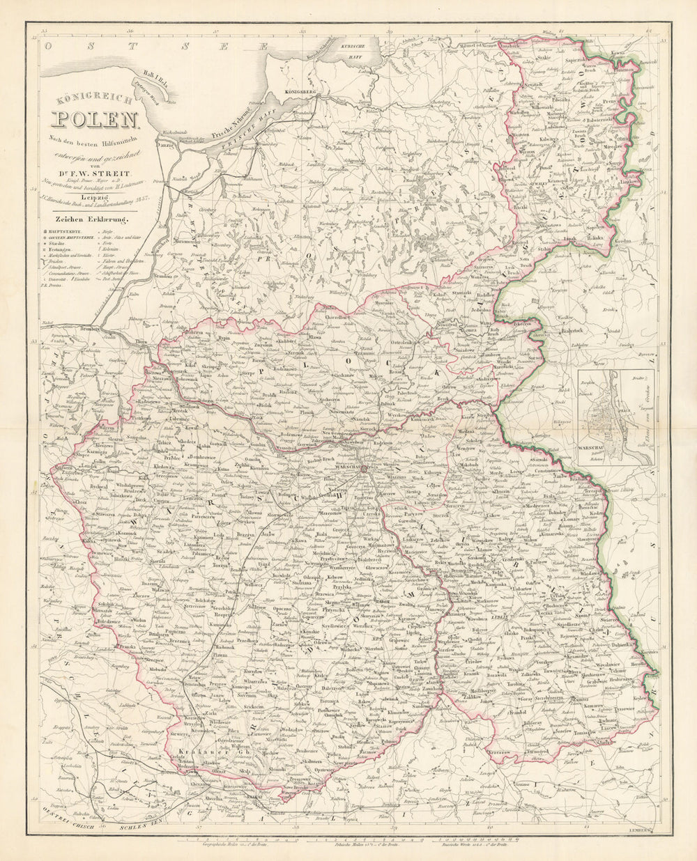 Königreich Polen. The Kingdom of Poland. Stein/Streit 1858 old antique map