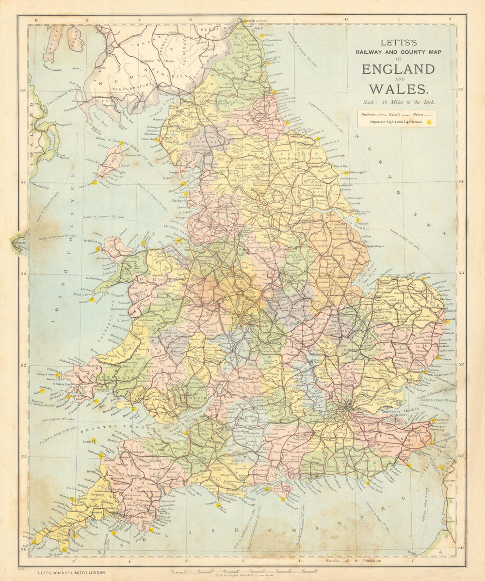 ENGLAND AND WALES. Canals Railways Lighthouses. LETTS 1892 old antique map