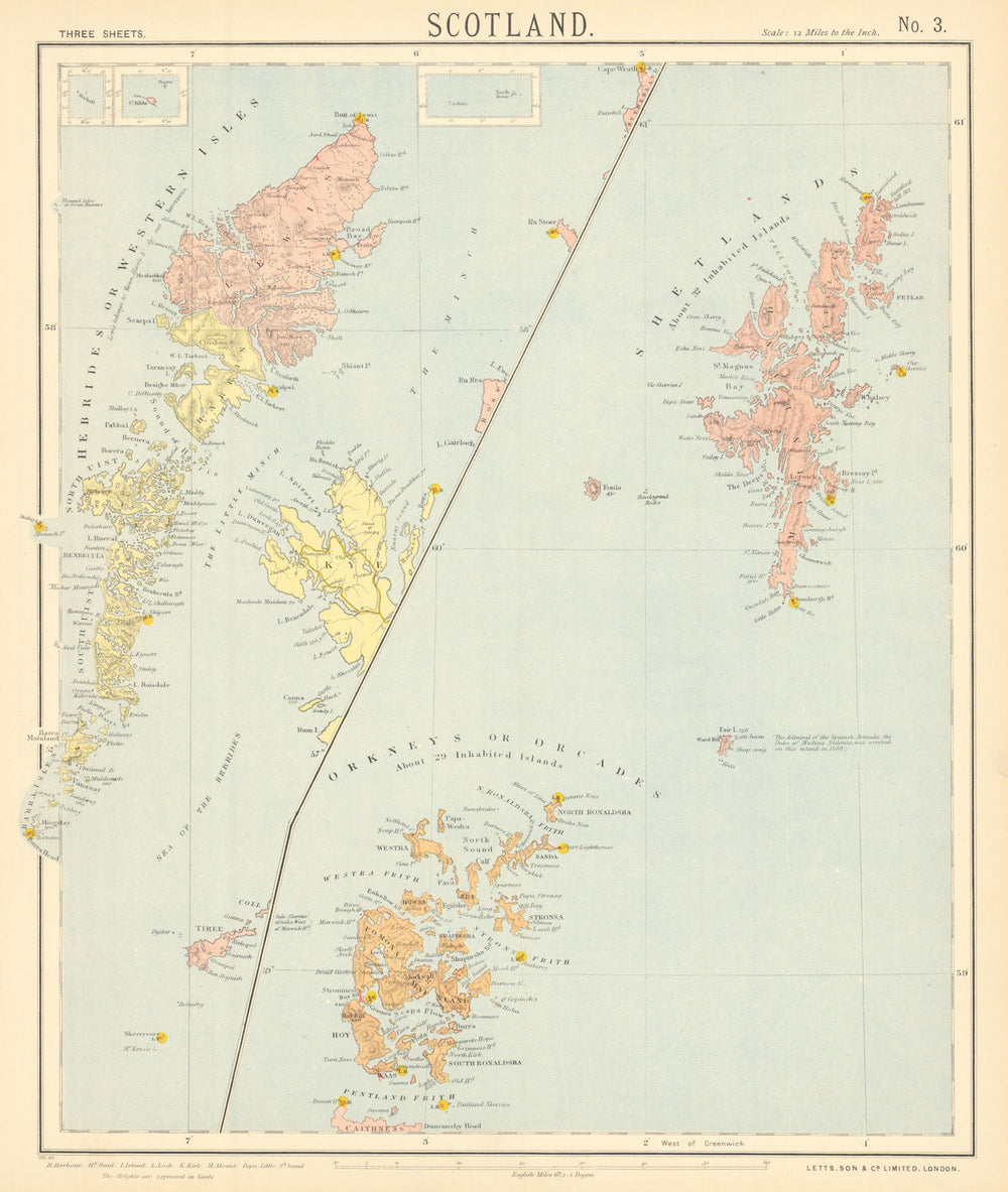 SCOTLAND ISLANDS. Western Isles Orkneys Shetlands Outer Hebrides. LETTS 1892 map